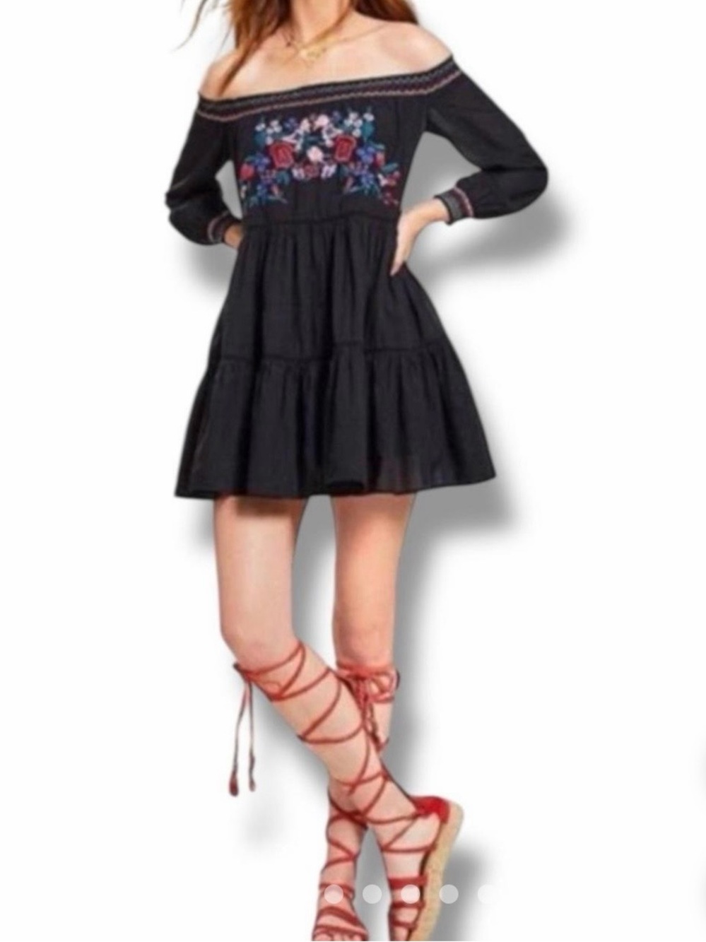 Free People Black Off-Shoulder Embroidered Tiered Mini Dress Women’s M